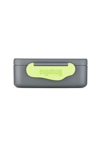 Gray rectangular lunchbox with a smooth texture, featuring a bright green clasp labeled "ergobag" on the front.