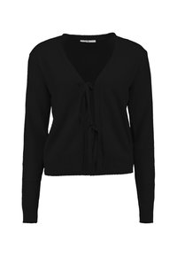 Schwarze Strickjacke mit V-Ausschnitt, langen Ärmeln und einer Bindung vorne. Verfügt über gerippte Bündchen und Saum für zusätzliche Textur.