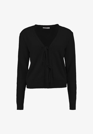 Schwarze Strickjacke mit V-Ausschnitt, langen Ärmeln und einer Bindung vorne. Verfügt über gerippte Bündchen und Saum für zusätzliche Textur.