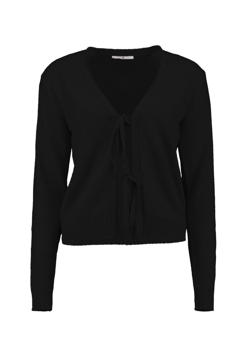 Schwarze Strickjacke mit V-Ausschnitt, langen Ärmeln und einer Bindung vorne. Verfügt über gerippte Bündchen und Saum für zusätzliche Textur.