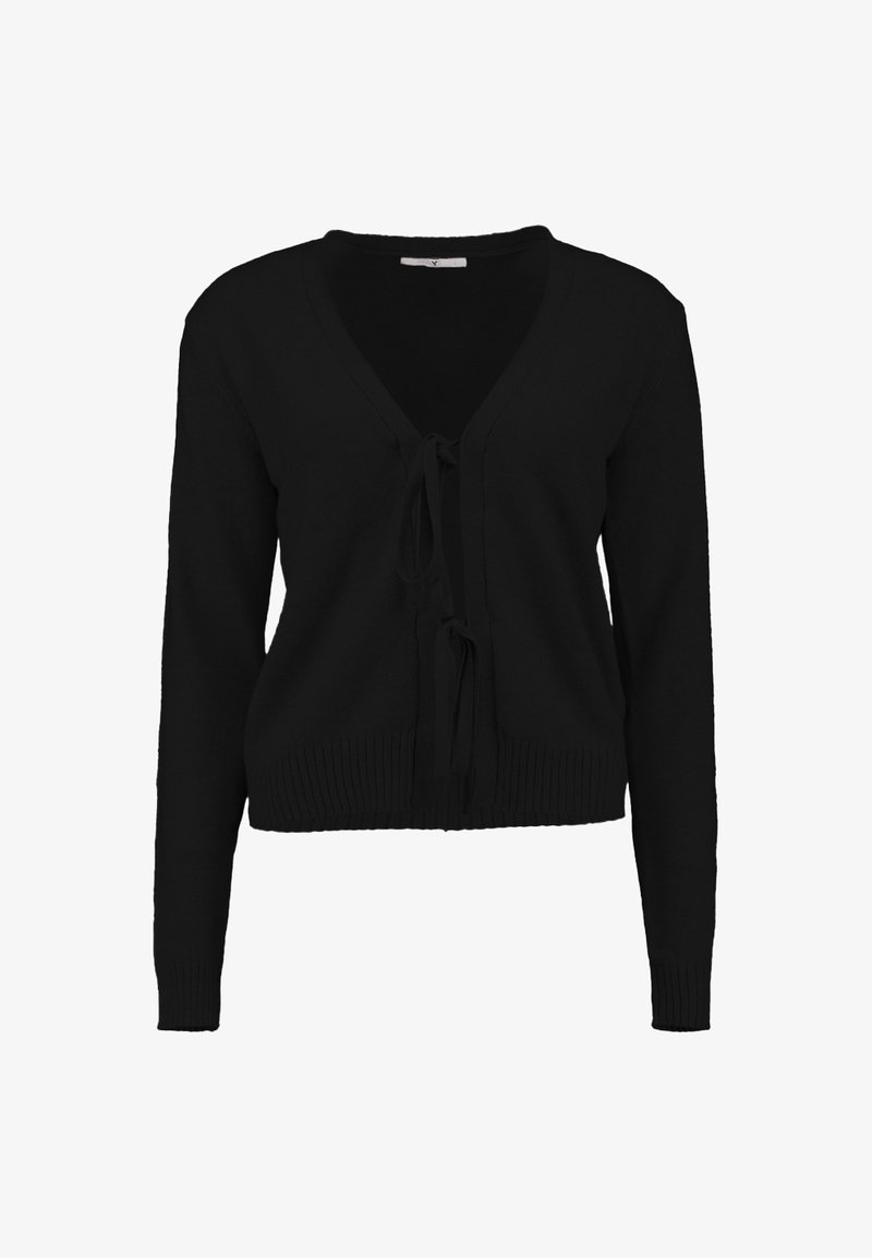 Schwarze Strickjacke mit V-Ausschnitt, langen Ärmeln und einer Bindung vorne. Verfügt über gerippte Bündchen und Saum für zusätzliche Textur.