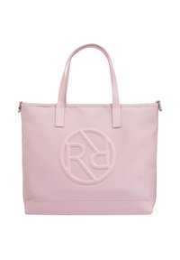 Pink tote bag made of canvas with a circular embossed logo. Features two handles and a zip closure at the top. Smooth texture.
