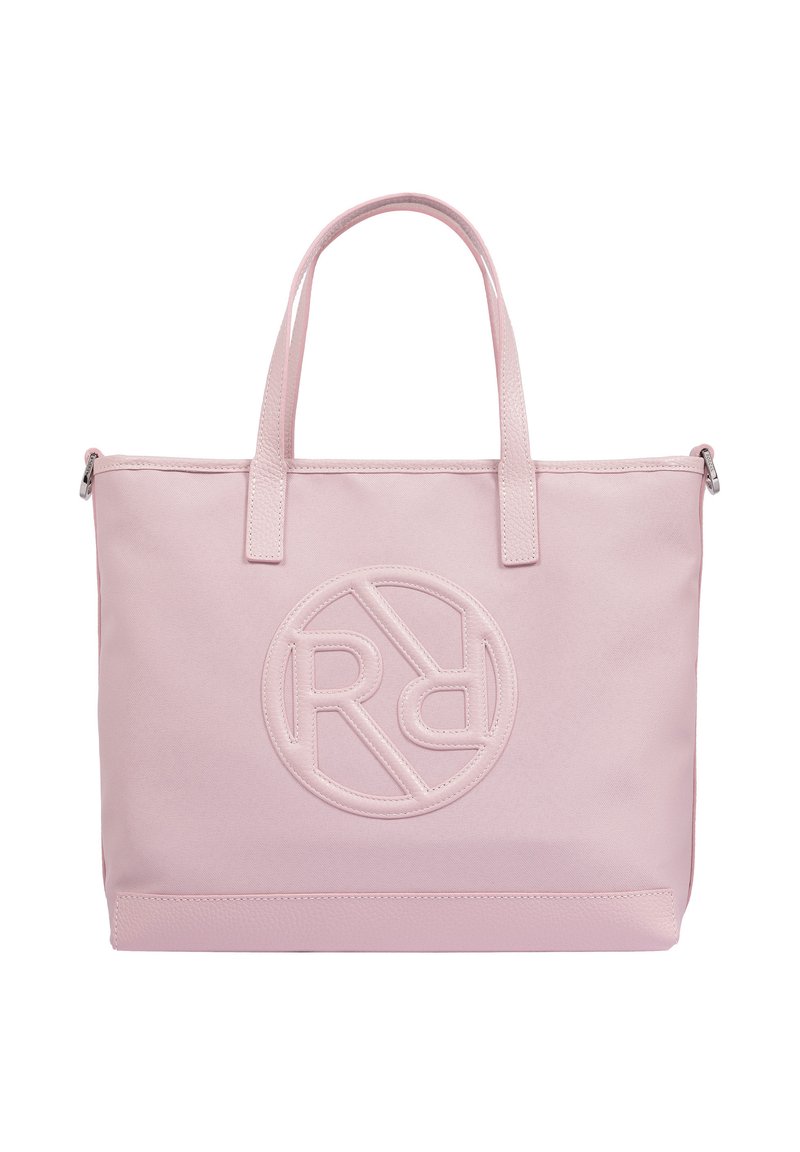 Pink tote bag made of canvas with a circular embossed logo. Features two handles and a zip closure at the top. Smooth texture.
