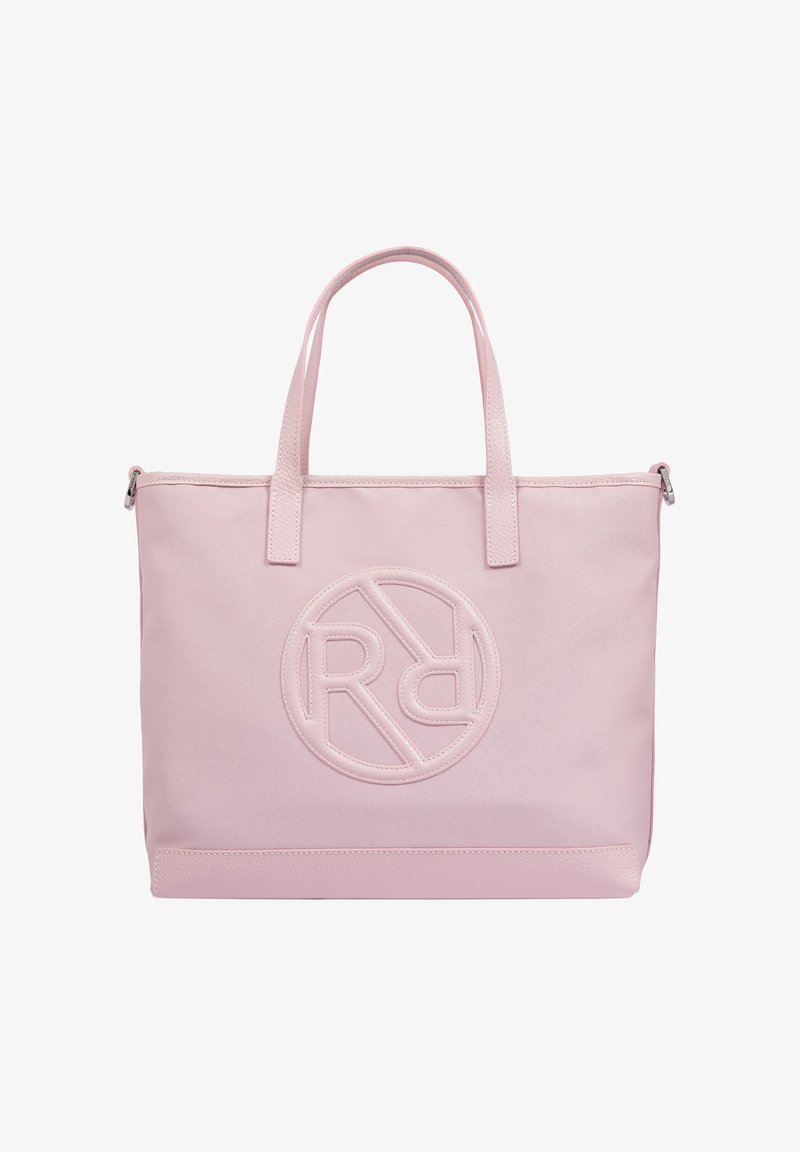 Pink tote bag made of canvas with a circular embossed logo. Features two handles and a zip closure at the top. Smooth texture.