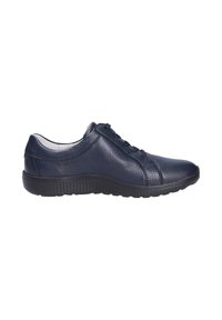 Sneaker in pelle blu navy con punta rotonda, superficie testurizzata e design con lacci. Suola in gomma resistente con una presa a motivi.