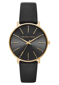 Michael Kors watch with a black leather strap, round gold-tone case, black dial, gold hour markers, and crystal accents at 12, 3, 6, and 9 o'clock.