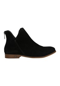 Stivali alla caviglia in suede nero con zip laterale, punta a mandorla e tacco basso impilato. Cuciture decorative lungo la cucitura.