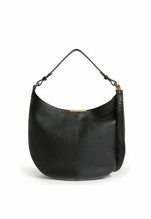 Borsa hobo in pelle nera con una singola tracolla regolabile e un logo dorato Ted Baker London sul davanti.