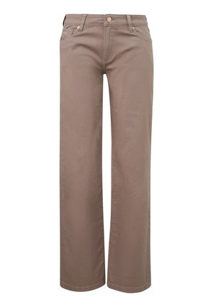 Pantalon marron droit avec bouton à l'avant, fermeture éclair, passants de ceinture et style à cinq poches.