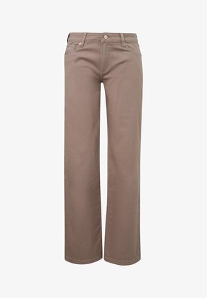 Pantalon marron droit avec bouton à l'avant, fermeture éclair, passants de ceinture et style à cinq poches.
