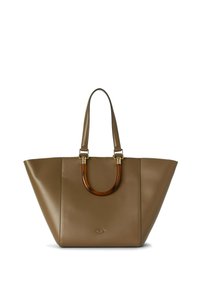 Borsa a tote in pelle marrone con una forma strutturata, dotata di due lunghe tracolle e di un manico in resina trasparente. Include dettagli in metallo dorato.