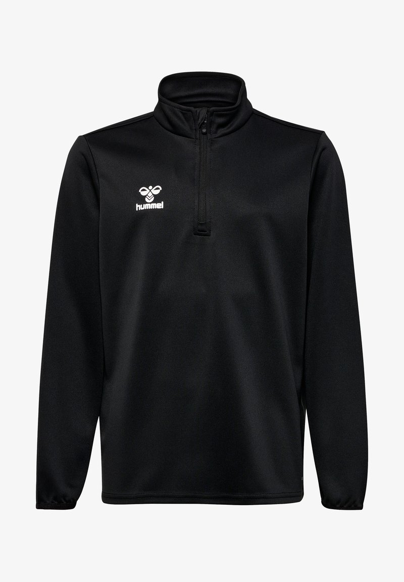 Schwarzer Pullover mit hohem Kragen, kurzem Reißverschluss und langen Ärmeln. Aus strukturiertem Stoff gefertigt und mit einem weißen Hummel-Logo auf der Brust.