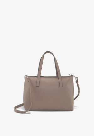 Taupekleurige leren handtas met twee handvatten en een afneembare dunne schouderriem, ritssluiting en een eenvoudige, gladde textuur.