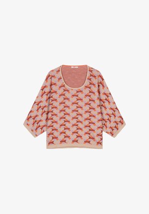 Gebreide top met brede driekwartmouwen, een ronde halslijn en een kleurrijk bloemenpatroon in tinten oranje, roze en lavendel op een lichte achtergrond.