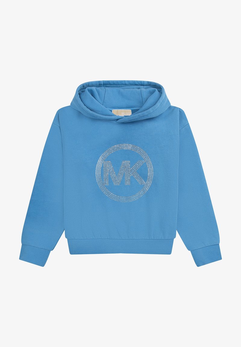 Haut à capuche bleu avec un grand logo MK circulaire en strass. Dispose d'une coupe décontractée, de manches longues et d'une capuche à cordon. En matériau en mélange de coton.