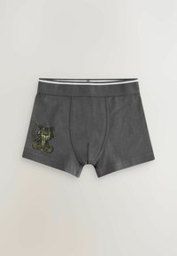Sivé boxer šortky vyrobené z bavlny, s predným otvorom, kontrastným bielym pásom a zelenou potlačou tigra na ľavom stehne.