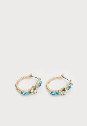 Gold-tone hoop earrings featuring turquoise and teal gemstones, a textured finish, and a floral arrangement of rhinestones and pearls.