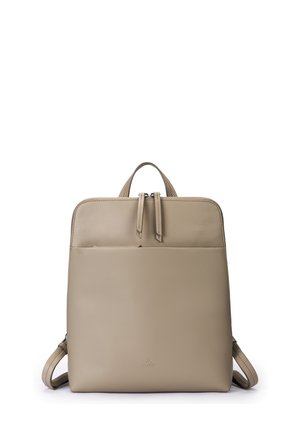 Beige leather backpack with front zip pocket, top handle, and adjustable shoulder straps, shown against a white background.
