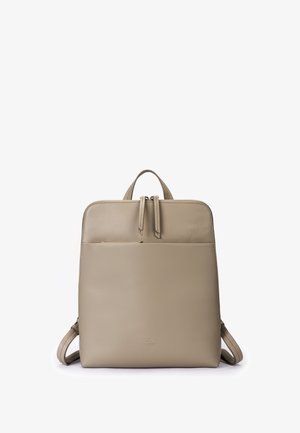 Beige leather backpack with front zip pocket, top handle, and adjustable shoulder straps, shown against a white background.