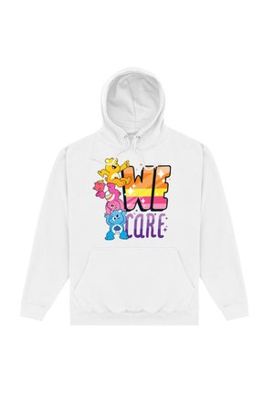 Biała bluza z kapturem z napisem "DBAMY" w kolorowych literach, ozdobiona kreskówkowymi niedźwiedziami w odcieniach różu, żółci i niebieskiego, oraz z przednią kieszenią typu kangur.