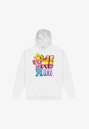 White hoodie featuring the text "WE CARE" in colorful letters, adorned with cartoon bears in pink, yellow, and blue, and front kangaroo pocket.