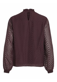 Blouse violette à manches longues avec motif chevron, tissu semi-transparent sur les manches, col haut smocké et poignets élastiques.