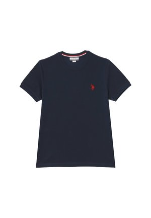 T-shirt in cotone blu navy con collo rotondo, maniche corte e logo ricamato rosso sul lato sinistro del petto. Colore uniforme, texture liscia.