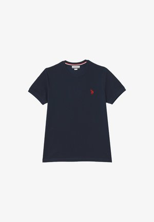 T-shirt in cotone blu navy con collo rotondo, maniche corte e logo ricamato rosso sul lato sinistro del petto. Colore uniforme, texture liscia.