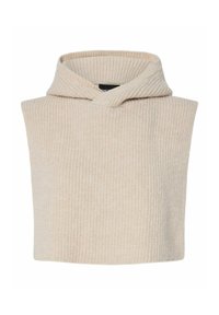 Sudadera sin mangas de punto beige con un diseño de canalé texturizado y una pequeña abertura frontal. Tejido suave, con una capucha acogedora.