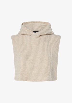 Beige gebreide mouwloze hoodie met een gestructureerd ribbelontwerp en een kleine opening aan de voorkant. Zachte stof, voorzien van een comfortabele capuchon.