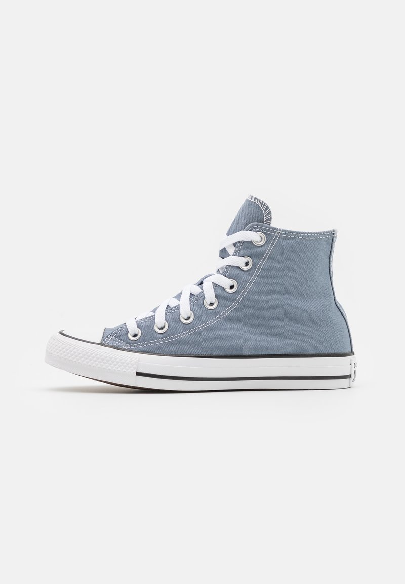 Baskets montantes en toile bleu clair avec lacets blancs et semelle en caoutchouc, vues de côté sur un fond blanc uni.