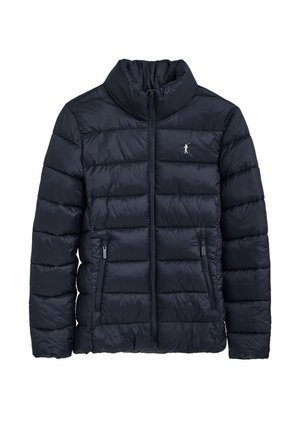 Navy padded jacket with high collar, zip front, and two side pockets. Smooth texture with stitched horizontal panels and small logo detail.