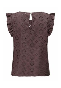 Top in cotone viola scuro con un motivo a fiori ritagliato, maniche corte a volantino e schiena con apertura a chiave e chiusura a bottone.
