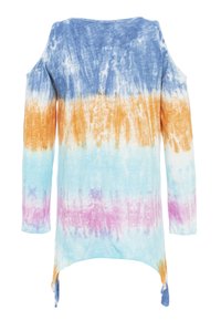 Tie-Dye Langarmoberteil in Blau-, Orange- und Rosa-Tönen mit offenen Schultern und einem abgerundeten Saum für eine entspannte Passform.