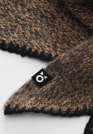 Brown and black knitted wool scarf with a black tag bearing a white geometric logo, laid flat on a white surface.