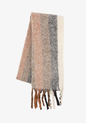 Wool blend scarf with a striped pattern in peach, beige, gray, and white; features fringe detailing along the bottom edge.