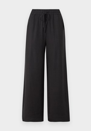 Pantalones de pierna ancha negros, hechos de un material suave y ligero. Cuentan con una cintura elástica con cordón y bolsillos laterales.