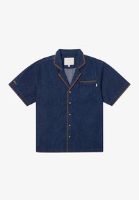 Short-sleeve denim shirt in dark blue with a chest pocket, contrasting orange stitching, and a classic collar. Features button closure.