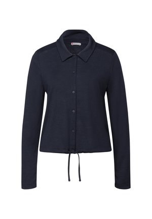 Camicia a maniche lunghe blu navy con chiusura a bottoni, colletto e coulisse regolabile all'orlo. Tessuto morbido con una texture liscia.