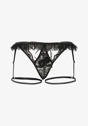 Lingerie in pizzo nero con bordi arricciati, realizzata in tessuto trasparente, con un design a ritagli e spalline regolabili lungo i bordi per un fit perfetto.