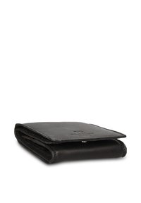 Portafoglio in pelle nera con design pieghevole, cuciture visibili, chiusura a scatto e un logo discreto sul davanti.