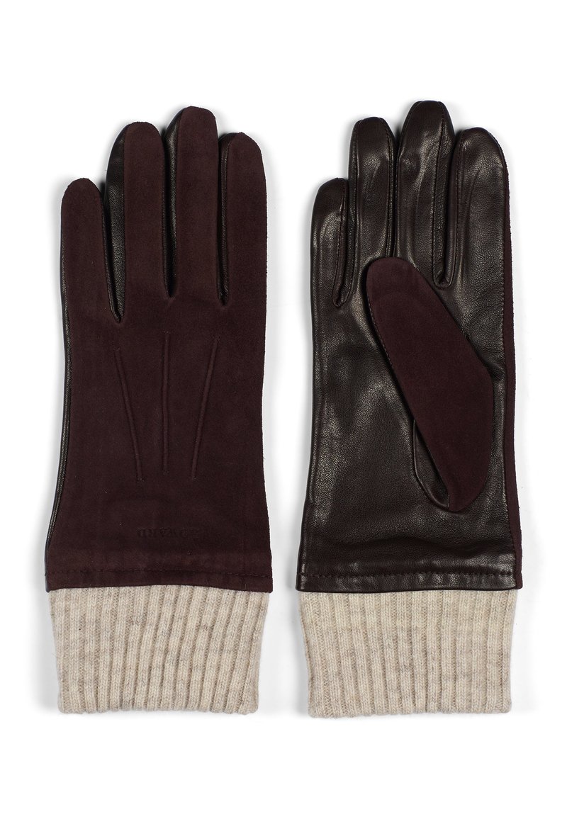 Brune lær og bordeaux-fløjl hansker har en ribbet beige strikket manchet, med detaljeret syning på fløjlen og en glat læderfinish.