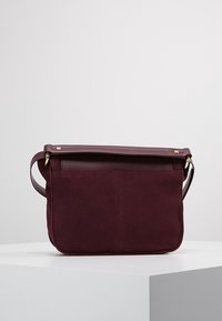 Borsa a tracolla in suede bordeaux con un design piatto, caratterizzata da una parte superiore in pelle liscia, una tracolla singola e dettagli di cucitura visibili.
