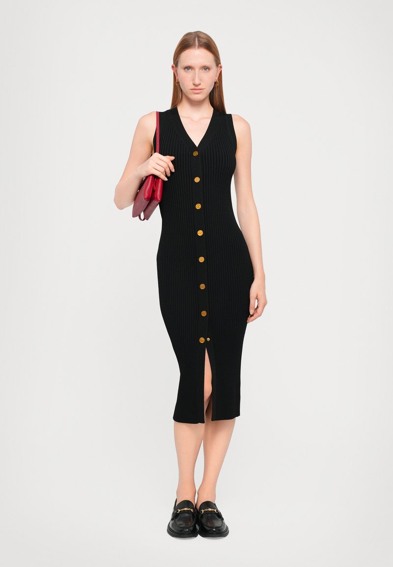 green emerald velvet dress Elegant Black Dress with Gold Button Detail | Timeless Chic
