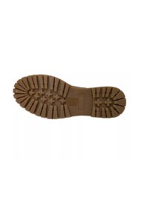 Suola di scarpa in gomma marrone con un motivo di battistrada testurizzato caratterizzato da scanalature orizzontali e verticali, insieme a tasselli a forma di croce per una maggiore aderenza.