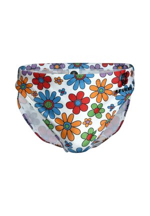 Kurze Herren-Badehosen mit einem bunten Blumenmuster aus roten, blauen, orangenen, grünen und violetten Blumen auf weißem Hintergrund.