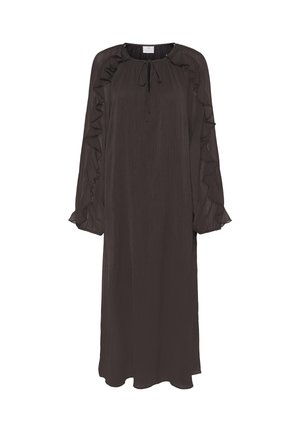 Donkerbruin midi-jurk met lange mouwen, voorzien van ruches langs de mouwen en een halslijn met striksluiting, gemaakt van lichtgewicht, semi-transparante stof.