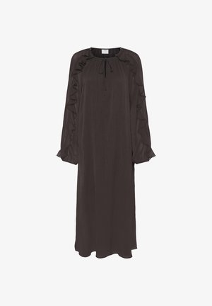 Ciemnobrązowa midi sukienka z długimi rękawami, z falbankami wzdłuż rękawów i wiązaniem przy dekolcie, wykonana z lekkiego, półprzezroczystego materiału.