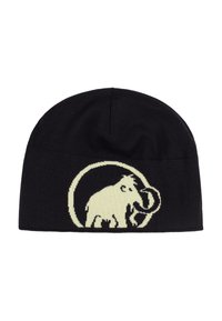 Berretto in maglia nera con un logo di mammuth color crema all'interno di un cerchio al centro frontale.