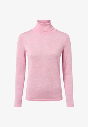 Różowy sweter z golfem wykonany z miękkiego, lekkiego materiału. Posiada długie rękawy i dopasowany krój o gładkiej fakturze.